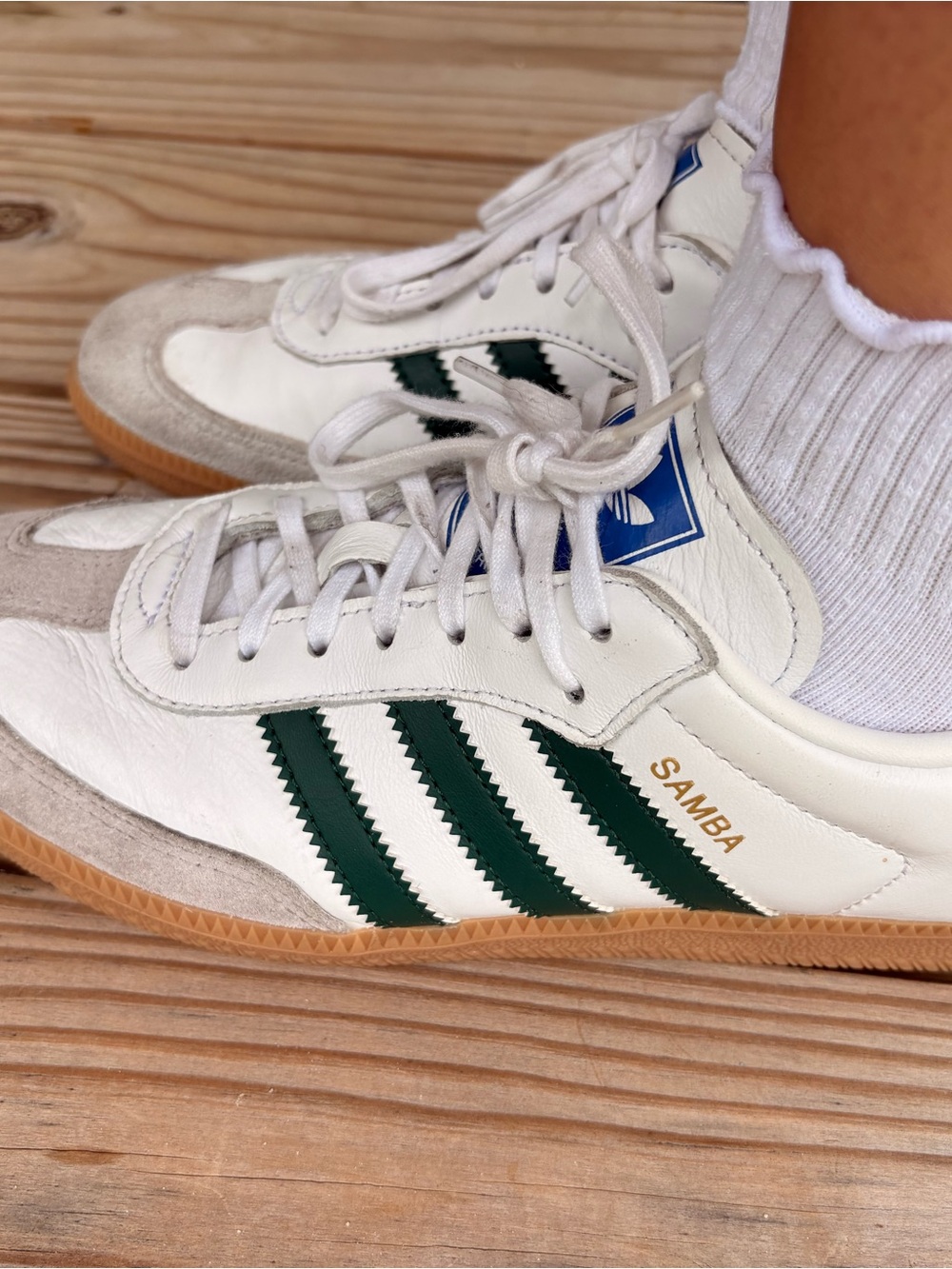 White Leather Adidas Sambas with Green Stripes - Picture 4 of 7